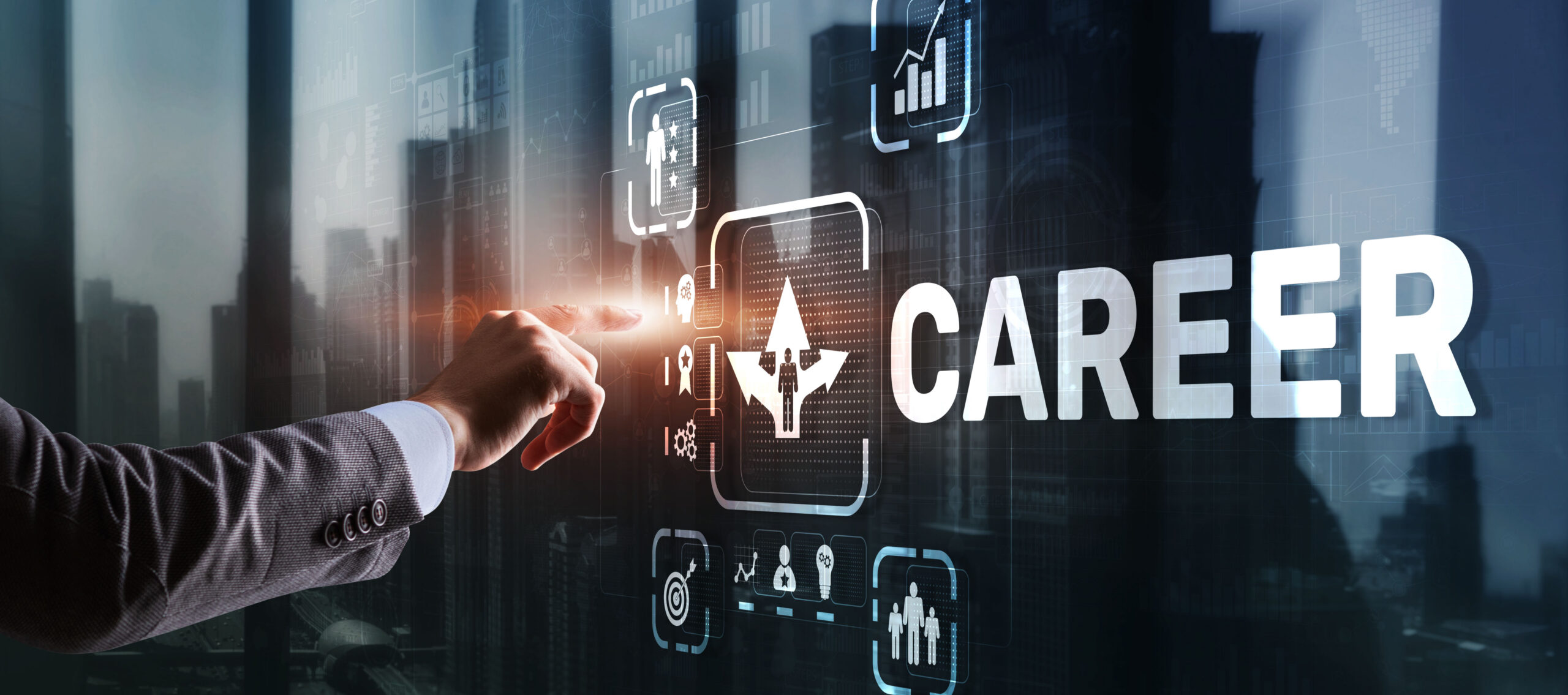 career inscription and people icons on virtual screen. businessman pressing career